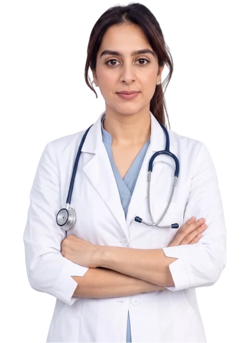 Female doctor with arms crossed, ready to conduct a DOT physical exam.