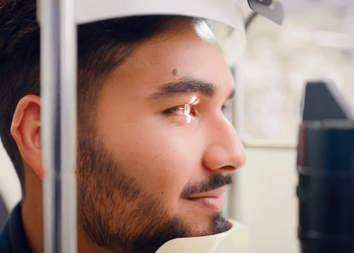Close up of a driver undergoing a DOT eye health check during a CDL physical Houston to ensure road safety compliance.