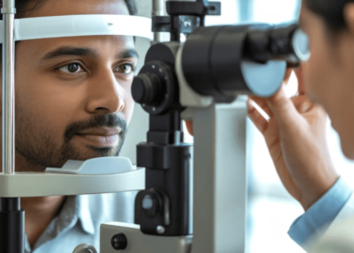 CDL physical Houston showing a commercial driver receiving a slit lamp eye exam from a doctor.