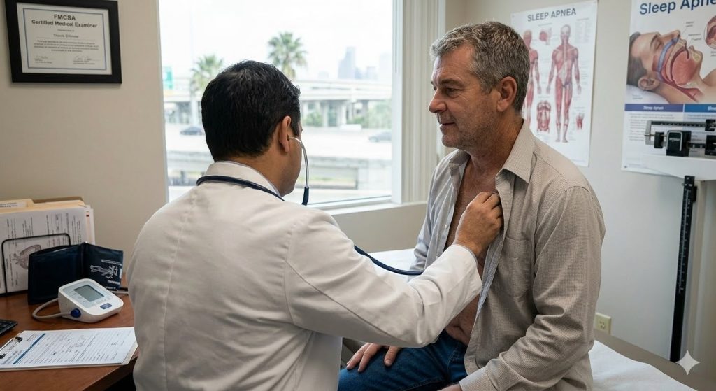 Certified examiner performs physical on commercial driver in clinic for a necessary CDL medical card in Houston.