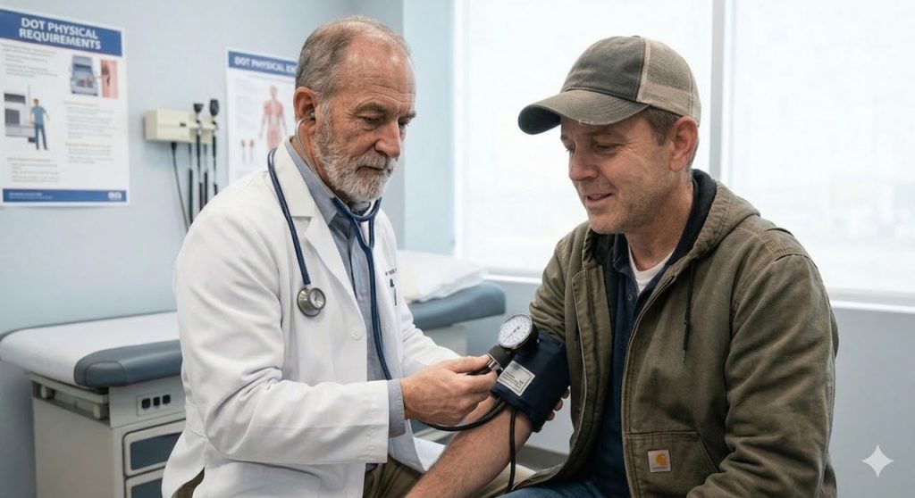 A certified medical examiner in Houston checks a commercial driver's blood pressure during a CDL medical card Houston physical exam.