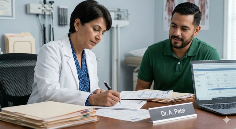 Close-up on a doctor's desk in Houston, reviewing medical exam forms for a temporary CDL medical card application.
