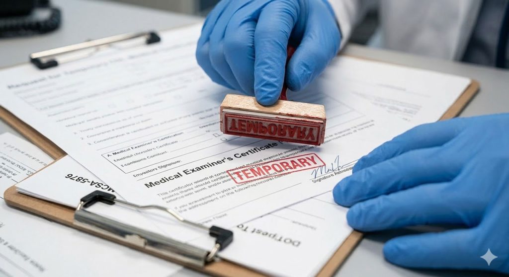 A close-up view of a signed and stamped temporary medical certificate required to maintain a CDL medical card Houston for drivers.