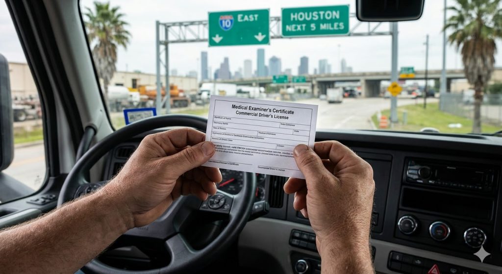 Commercial driver holds completed and signed official DOT CDL medical card inside truck, near I-10 Houston exit sign.