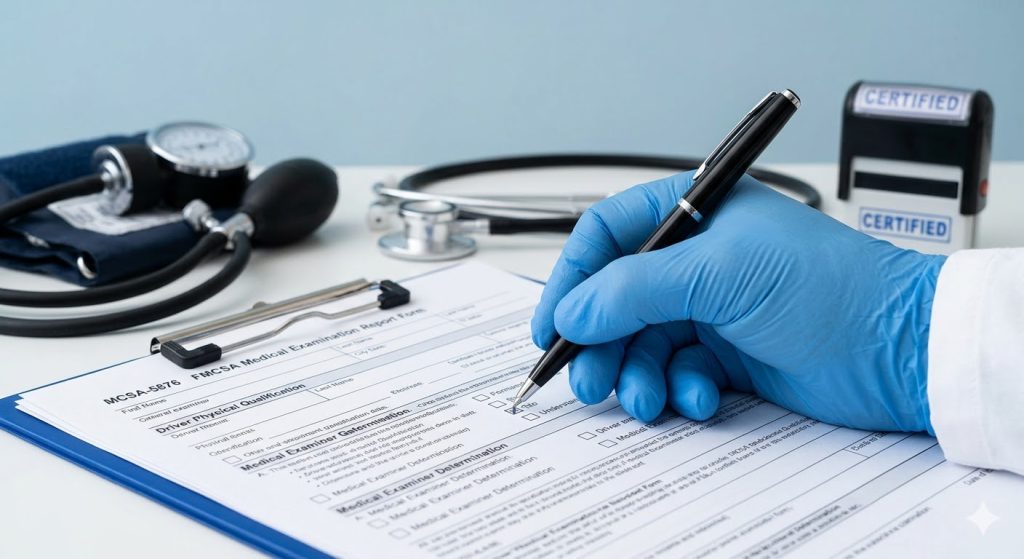 FMCSA examiner with gloved hand fills out MCSA-5876 driver exam form for a CDL medical card Houston appointment.