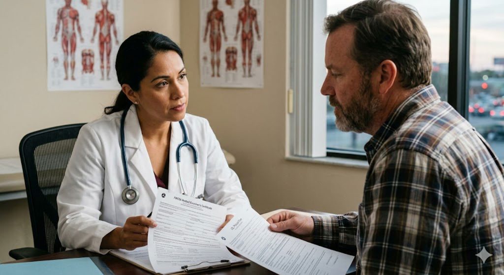 A medical examiner reviews regulations with a driver, comparing requirements for a CDL physical Houston and DOT physical.