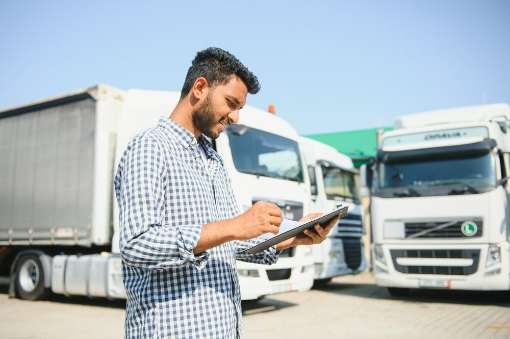 A commercial truck driver completes paperwork in a yard with semi-trucks after an Fmcsa medical examiner houston check.