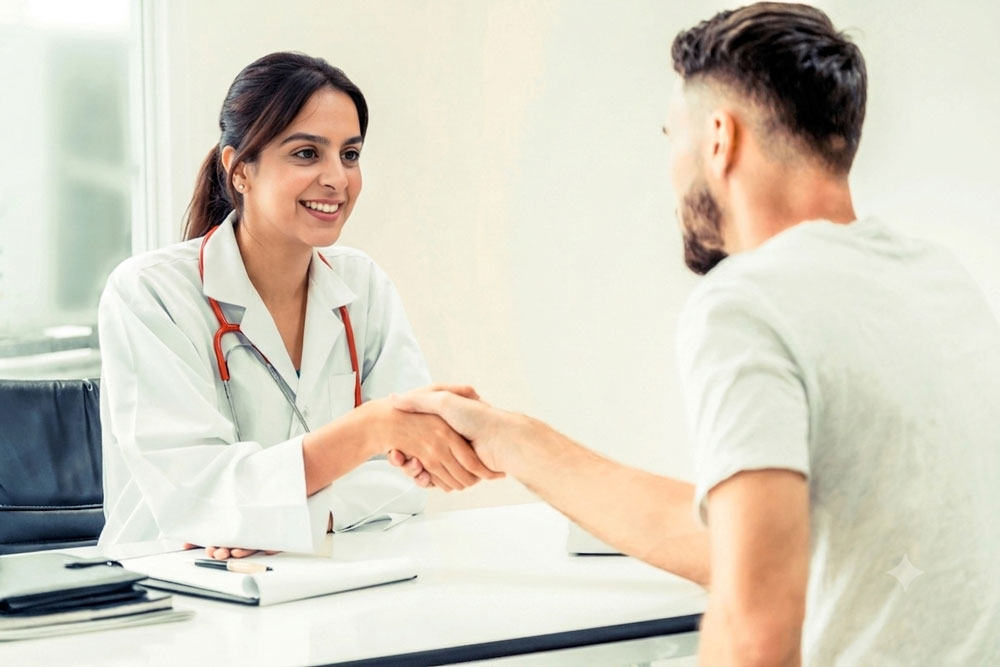 Friendly doctor shaking hands with a commercial driver during a successful CDL physical Houston appointment.