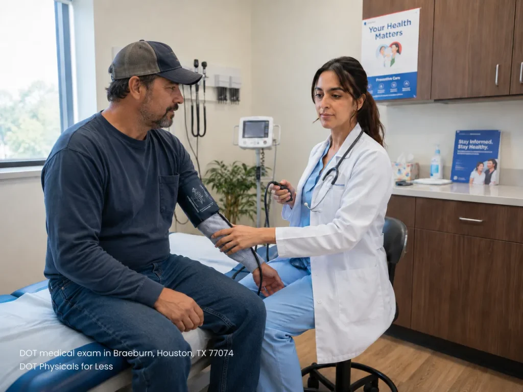 Patient getting blood pressure checked during a DOT medical exam Houston clinic visit for commercial drivers.