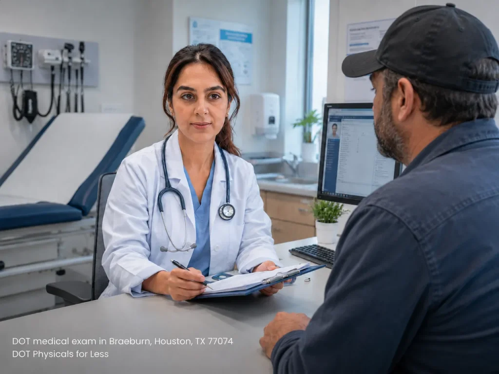 Commercial driver consults with a certified examiner during a quick DOT medical exam Houston office visit.