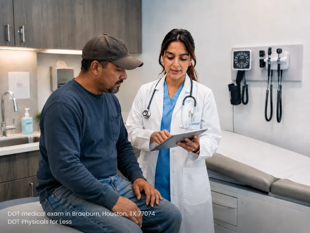 Doctor reviews tablet results with a truck driver during a professional DOT medical exam Houston appointment.