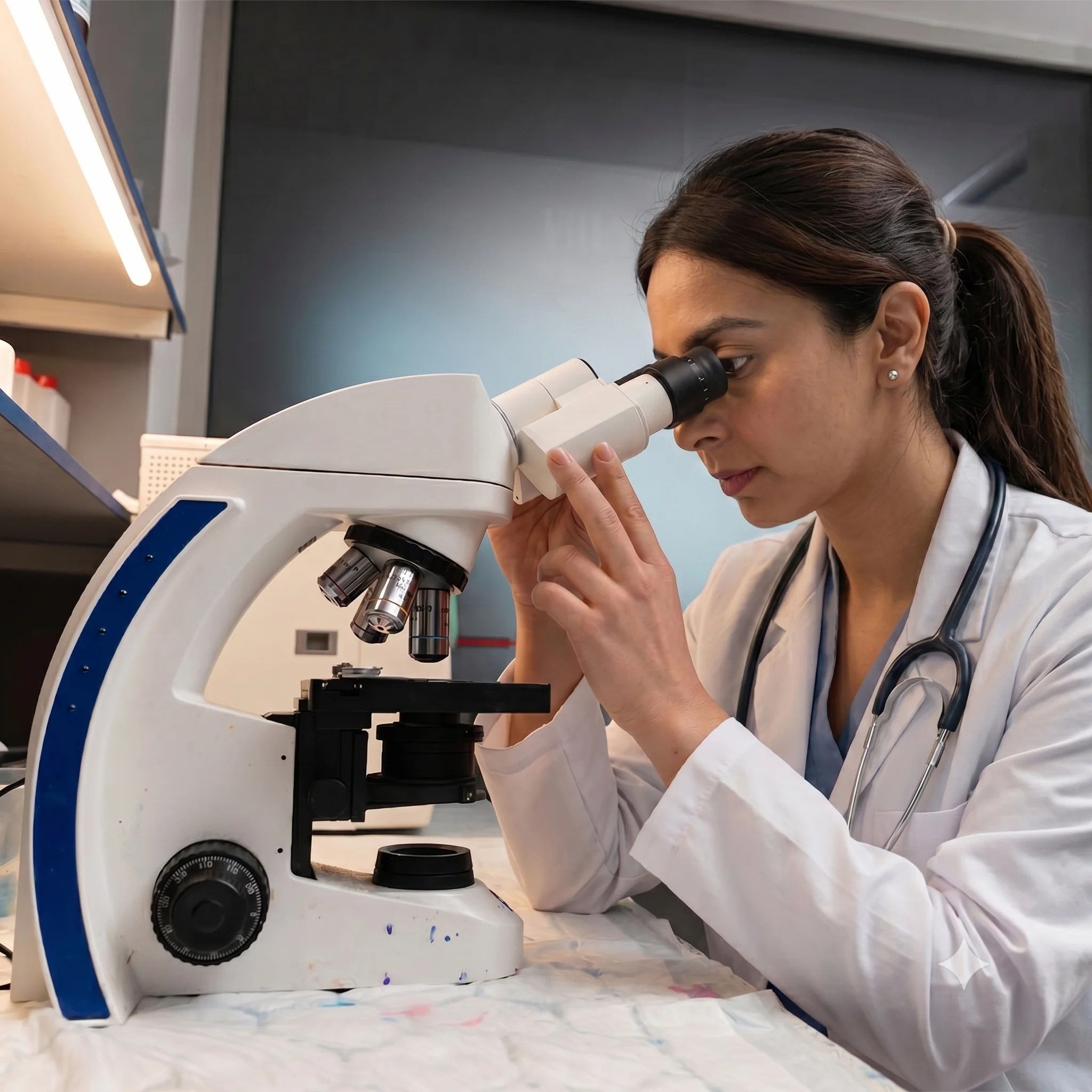 Female doctor analyzing a lab sample with a microscope for a DOT medical exam.