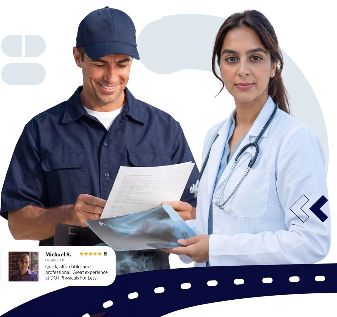 Female doctor and a vehicle driver completing a DOT medical exam.