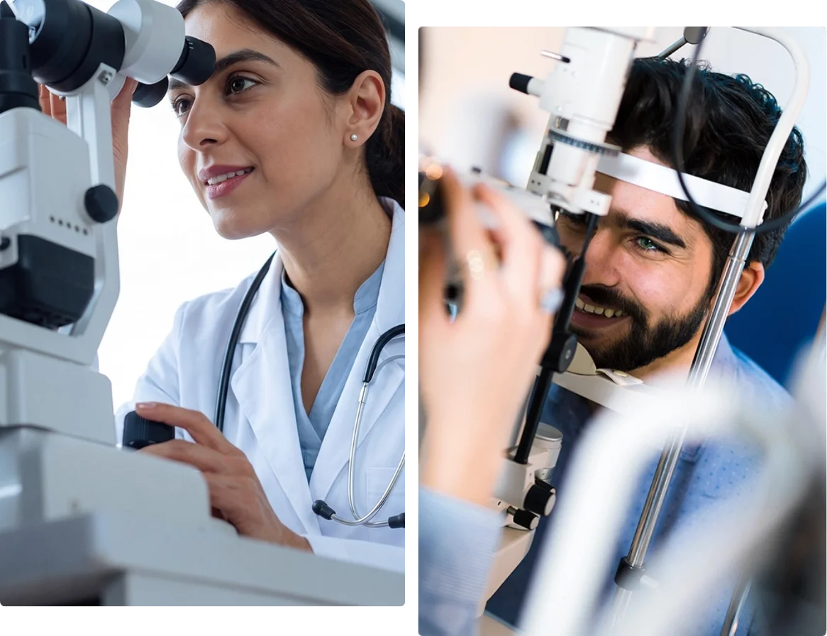 Female doctor conducting a vision test on a patient for a DOT medical exam.