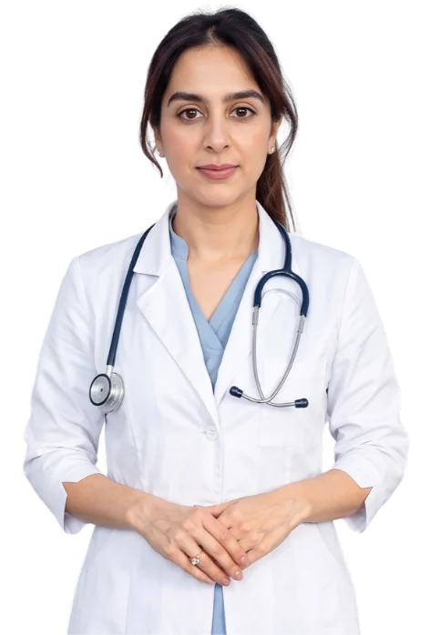 Female doctor standing with a stethoscope, ready for a DOT medical exam.