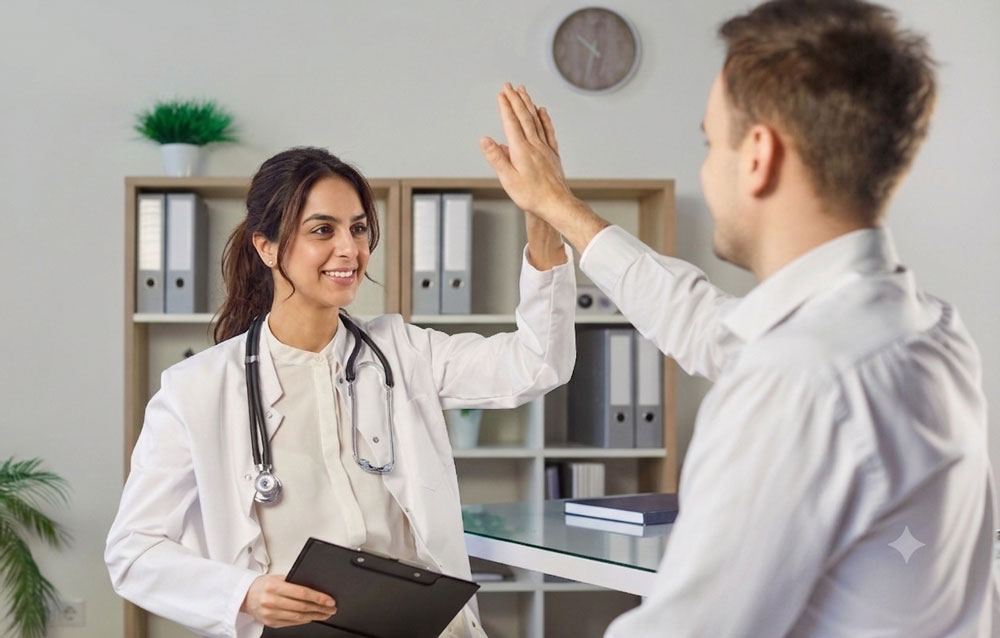 A happy driver giving a high five to a medical examiner after passing a standard CDL physical Houston exam.