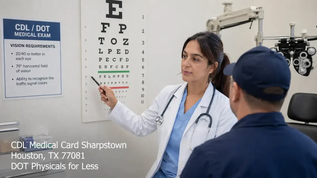 A doctor uses an eye chart to test a commercial driver's vision for a CDL medical card Houston certification