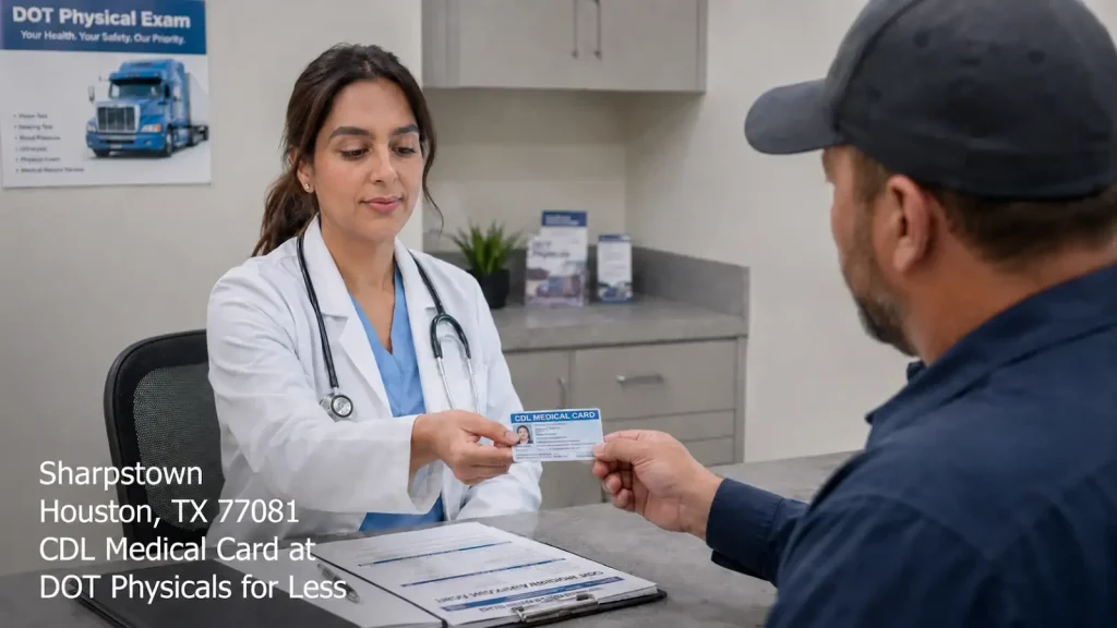 A doctor handing an approved commercial CDL medical card Houston to a truck driver during a DOT physical exam. 