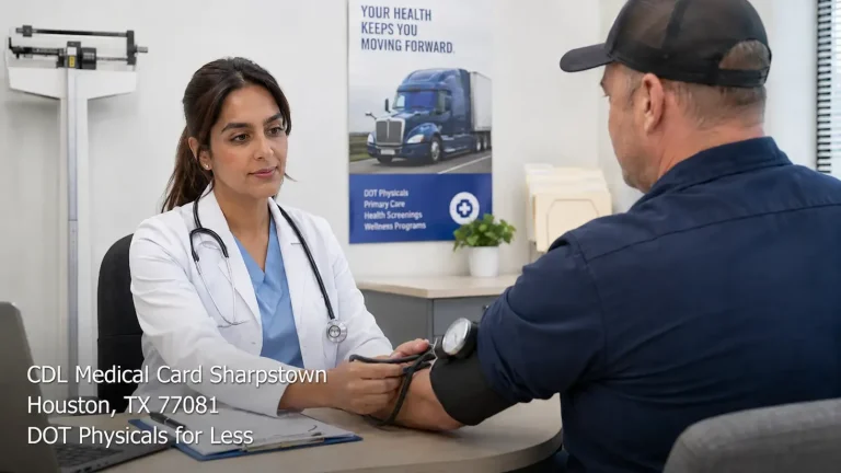 A doctor checks a commercial truck driver's blood pressure for their CDL medical card Houston physical exam.