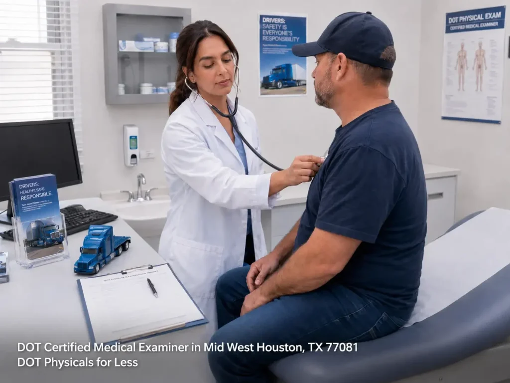 A female DOT certified medical examiner Houston checks a truck driver's heartbeat with a stethoscope during a physical.