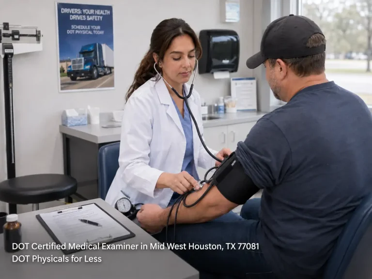 A female DOT certified medical examiner Houston measures a commercial truck driver's blood pressure in a clinic.