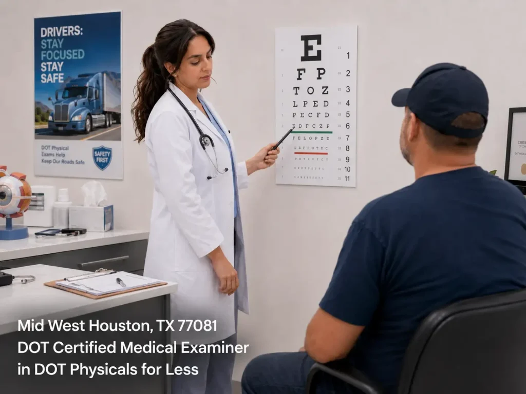 A female DOT certified medical examiner Houston conducts an eye exam for a truck driver using a vision wall chart.