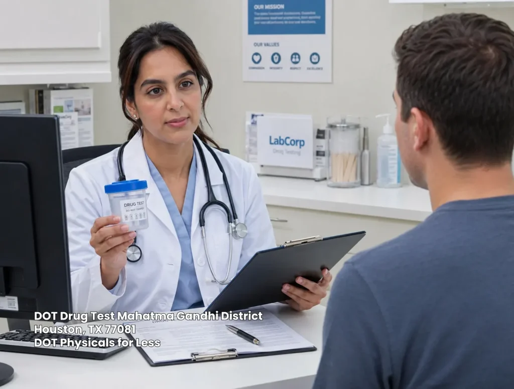 A female doctor holding a specimen cup for a DOT drug test in Houston TX at DOT Physicals for Less clinic. 