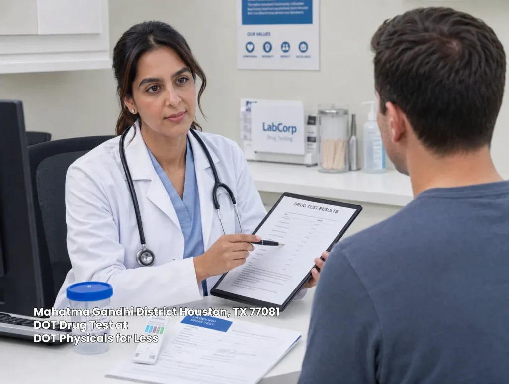 A medical professional reviewing official DOT drug test results with a male patient at a Houston clinic. 
