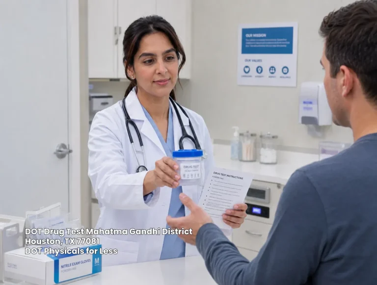 A clinician handing a DOT drug test cup and instructions to a patient at DOT Physicals for Less in Houston.