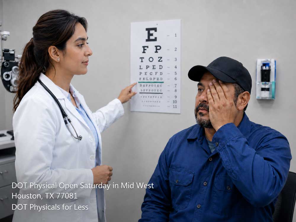Medical doctor points to a vision chart during an eye exam for a DOT physical open saturday Houston appointment.