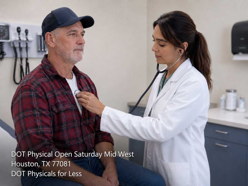 Doctor performs a heart checkup using a stethoscope on a male driver during a DOT physical open saturday Houston.