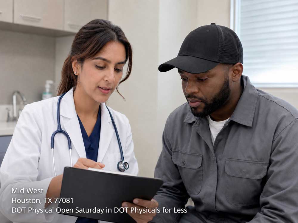 Medical doctor reviews patient consultation forms with a commercial driver for a DOT physical open saturday Houston.