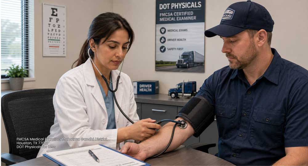 A female FMCSA certified medical examiner in Houston conducting a DOT physical and medical exam for a driver.