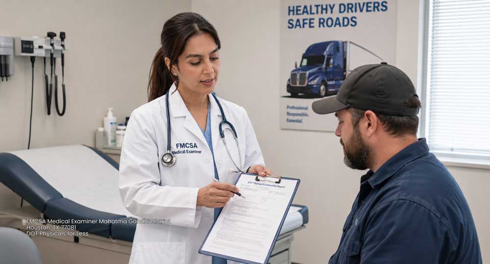 A female medical examiner near Mahatma Gandhi District, Houston, TX performing a DOT physical with a driver.