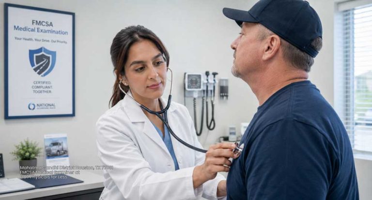 Female FMCSA medical examiner in Houston conducting a medical exam and reviewing a DOT physical report.