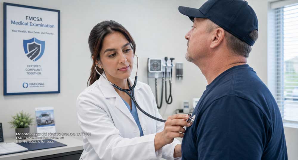 Female FMCSA medical examiner in Houston conducting a medical exam and reviewing a DOT physical report.