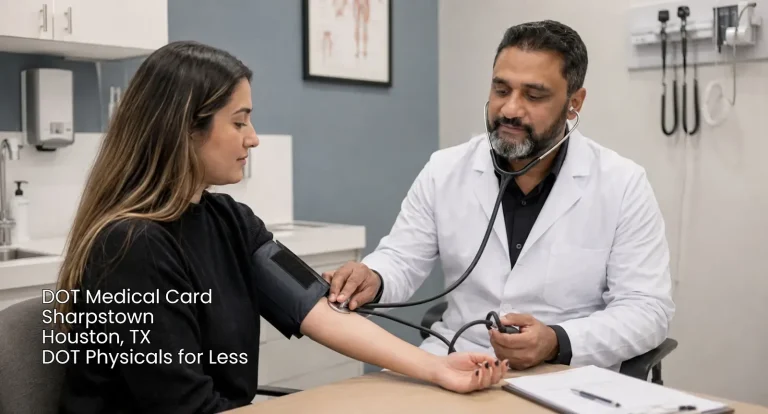 Doctor checking patient's blood pressure for a DOT medical card Houston exam in the Sharpstown clinic area.