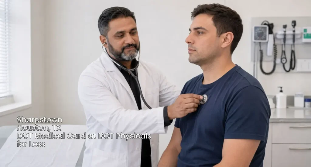 Doctor performing a heart check with a stethoscope for a commercial driver DOT medical card Houston exam. 
