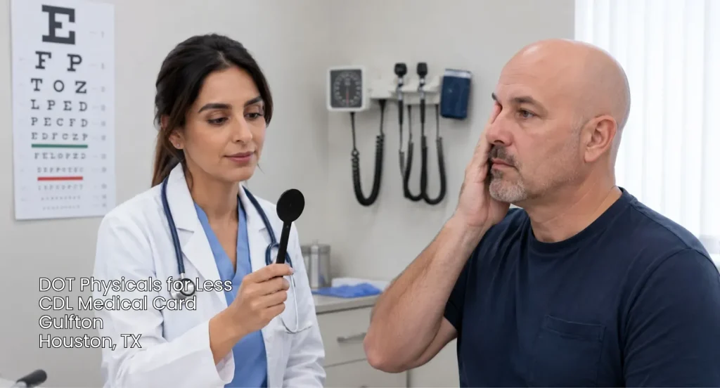 Female doctor performing a visual exam for a driver needing a CDL medical card Houston clinic in Gulfton area. 