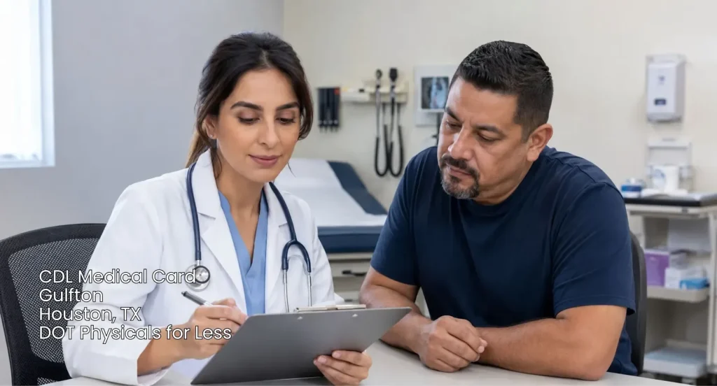 Female doctor reviewing exam paperwork with a patient applying for a CDL medical card Houston clinic location.