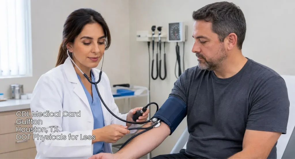 Healthcare provider checking a driver's blood pressure for their CDL medical card Houston DOT physical exam. 