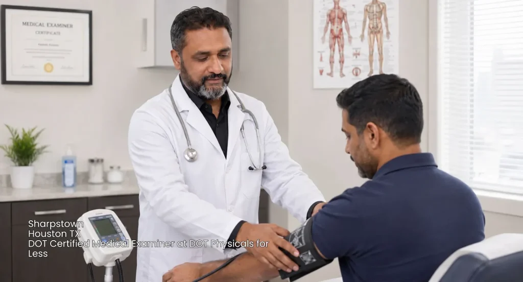 A DOT certified medical examiner in Houston TX checking a driver’s blood pressure at DOT Physicals for Less in Sharpstown.