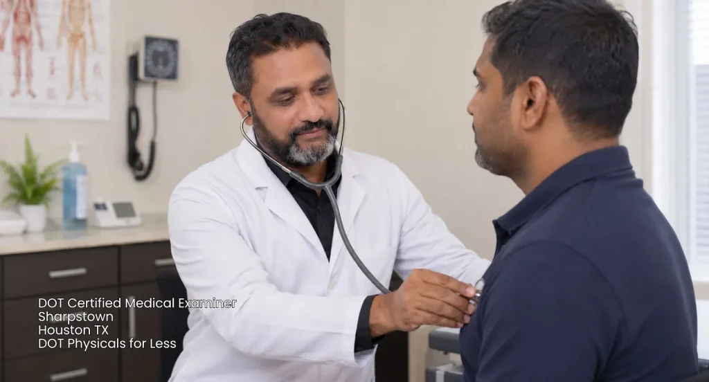 A DOT certified medical examiner in Houston TX using a stethoscope on a driver at DOT Physicals for Less in Sharpstown.