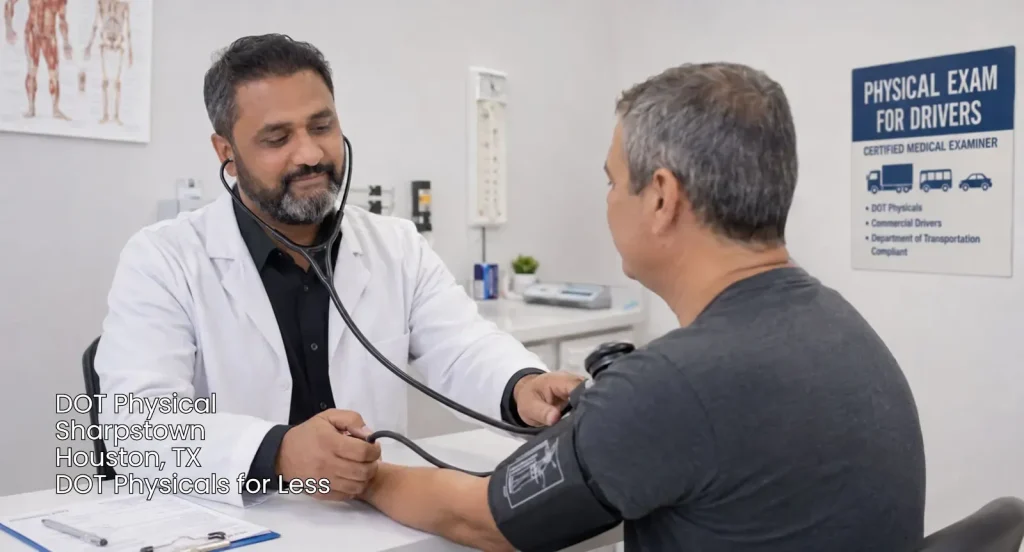 Certified medical examiner checking a commercial driver's blood pressure during a DOT physical Houston TX exam.