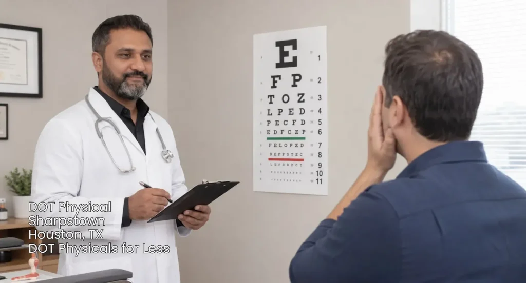 Doctor conducting a vision test for a commercial truck driver receiving a official DOT physical Houston TX exam.