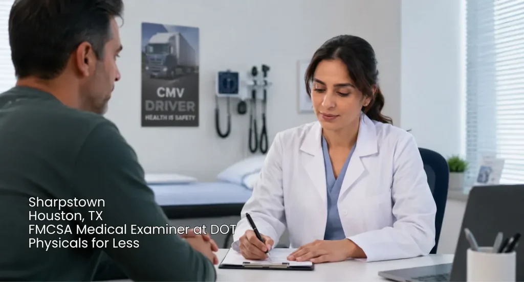 FMCSA medical examiner discussing driver health during a commercial driver DOT physical exam in Houston, TX.