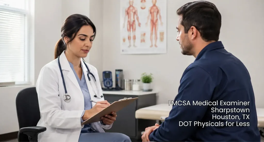Female doctor taking medical notes on a clipboard during a DOT physical exam consultation in Houston, Texas.