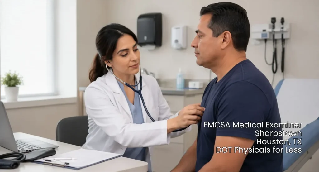 FMCSA certified medical examiner conducting a driver physical checkup at a Houston clinic in Sharpstown, TX.