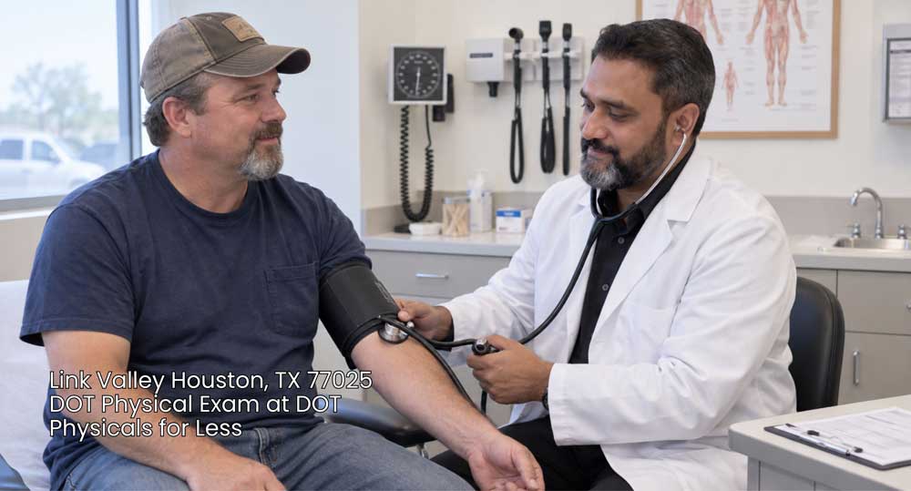 A medical doctor checking a male truck driver's blood pressure during a professional DOT physical exam Houston.