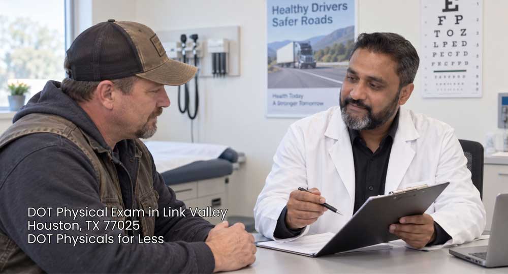 Male truck driver sitting at a desk consulting a doctor for a affordable commercial DOT physical exam Houston.